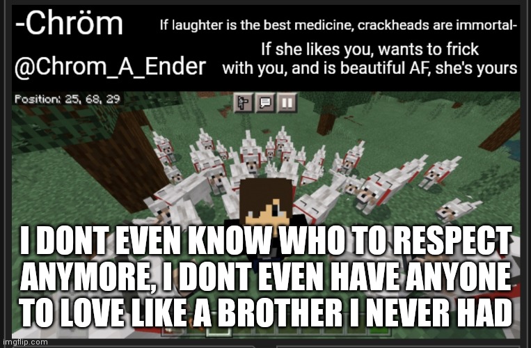 All i have is what i'm hated for | I DONT EVEN KNOW WHO TO RESPECT ANYMORE, I DONT EVEN HAVE ANYONE TO LOVE LIKE A BROTHER I NEVER HAD | image tagged in chrom_a_ender announcement template | made w/ Imgflip meme maker