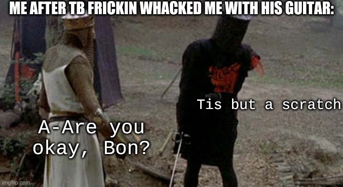 *p a i n* | ME AFTER TB FRICKIN WHACKED ME WITH HIS GUITAR:; Tis but a scratch; A-Are you okay, Bon? | image tagged in tis but a scratch | made w/ Imgflip meme maker