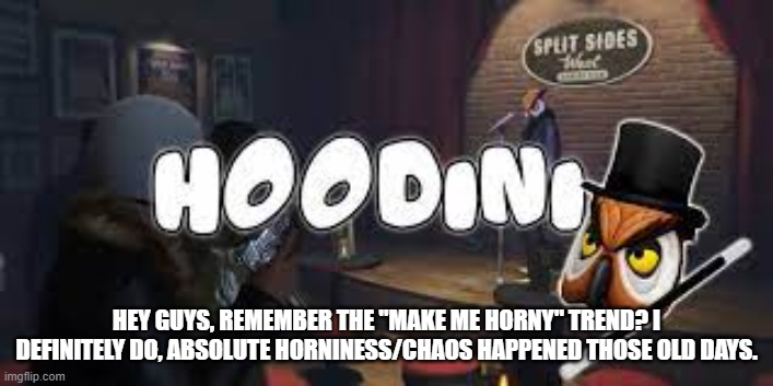hoodini | HEY GUYS, REMEMBER THE "MAKE ME HORNY" TREND? I DEFINITELY DO, ABSOLUTE HORNINESS/CHAOS HAPPENED THOSE OLD DAYS. | image tagged in hoodini | made w/ Imgflip meme maker