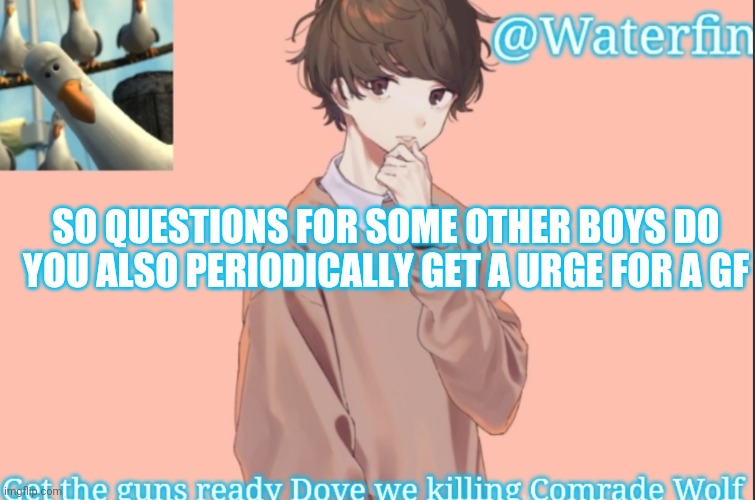 Waterfins Template | SO QUESTIONS FOR SOME OTHER BOYS DO YOU ALSO PERIODICALLY GET A URGE FOR A GF | image tagged in waterfins template | made w/ Imgflip meme maker