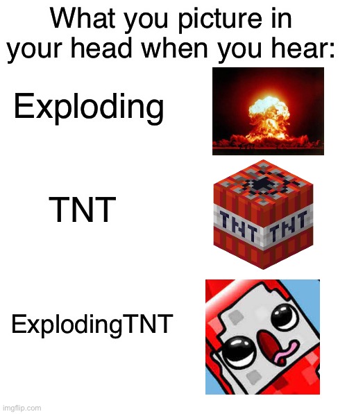 facts | What you picture in your head when you hear:; Exploding; TNT; ExplodingTNT | image tagged in blank white template | made w/ Imgflip meme maker
