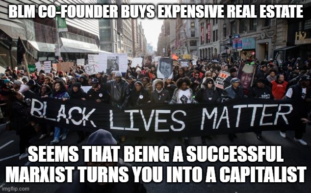 Hypocrisy in the name of racial justice | BLM CO-FOUNDER BUYS EXPENSIVE REAL ESTATE; SEEMS THAT BEING A SUCCESSFUL MARXIST TURNS YOU INTO A CAPITALIST | image tagged in blm | made w/ Imgflip meme maker