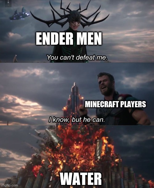You can't defeat me | ENDER MEN; MINECRAFT PLAYERS; WATER | image tagged in you can't defeat me | made w/ Imgflip meme maker