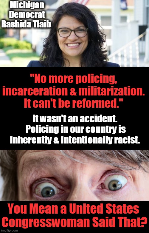 Past Time for Accountability for Insanity in This Country! | Michigan Democrat Rashida Tlaib; "No more policing, 
incarceration & militarization. 
It can't be reformed."; It wasn't an accident. 
Policing in our country is inherently & intentionally racist. You Mean a United States 

Congresswoman Said That? | image tagged in politics,democratic socialism,stupidity,insanity | made w/ Imgflip meme maker