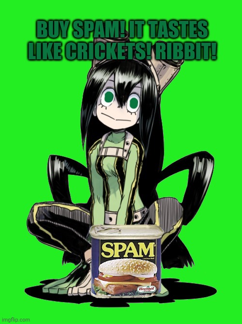Spam | BUY SPAM! IT TASTES LIKE CRICKETS! RIBBIT! | image tagged in spam,froppy,mha,buy spam,every time you buy spam,i get 12 cents | made w/ Imgflip meme maker