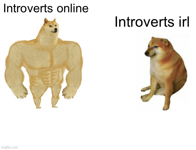 Buff Doge vs. Cheems | Introverts online; Introverts irl | image tagged in memes,buff doge vs cheems | made w/ Imgflip meme maker