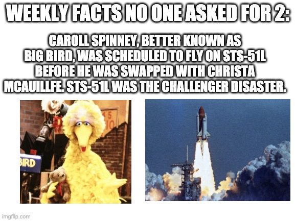 big bird almost died on challenger | WEEKLY FACTS NO ONE ASKED FOR 2:; CAROLL SPINNEY, BETTER KNOWN AS BIG BIRD, WAS SCHEDULED TO FLY ON STS-51L BEFORE HE WAS SWAPPED WITH CHRISTA MCAUILLFE. STS-51L WAS THE CHALLENGER DISASTER. | image tagged in blank white template,weekly facts no one asked for,look i just made a new tag,never gonna give you up,never gonna let you down | made w/ Imgflip meme maker