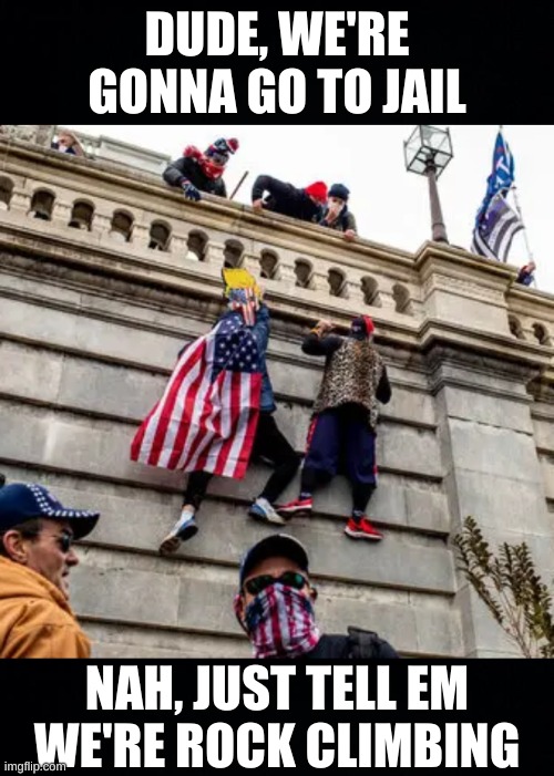 DUDE, WE'RE GONNA GO TO JAIL; NAH, JUST TELL EM
WE'RE ROCK CLIMBING | image tagged in black background,capitol hill wall climbers qanon maga trump,qanon,crime,conservative logic,rock climbing | made w/ Imgflip meme maker