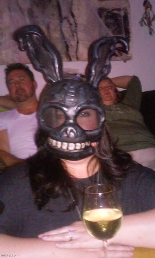 katie as frank | image tagged in donnie darko | made w/ Imgflip meme maker