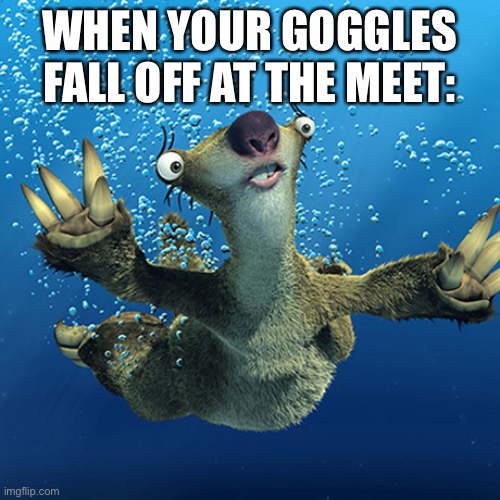 Did Sid fall in?? | WHEN YOUR GOGGLES FALL OFF AT THE MEET: | image tagged in sid the sloth,swimming | made w/ Imgflip meme maker