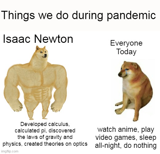 Be Isaac Newton during a pandemic, use your time wisely | Things we do during pandemic; Isaac Newton; Everyone
Today; Developed calculus, calculated pi, discovered the laws of gravity and physics, created theories on optics; watch anime, play video games, sleep all-night, do nothing | image tagged in memes,buff doge vs cheems,sir isaac newton,pandemic | made w/ Imgflip meme maker