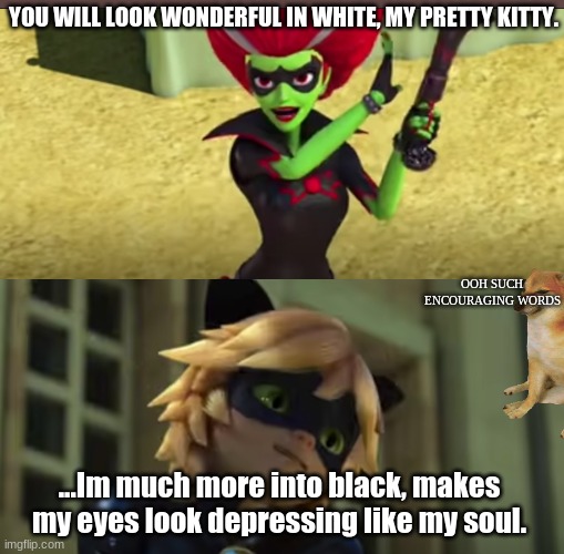 my favorite miraculous episode meme#2 |  YOU WILL LOOK WONDERFUL IN WHITE, MY PRETTY KITTY. OOH SUCH ENCOURAGING WORDS; ...Im much more into black, makes my eyes look depressing like my soul. | image tagged in memes,mirculous ladybug | made w/ Imgflip meme maker