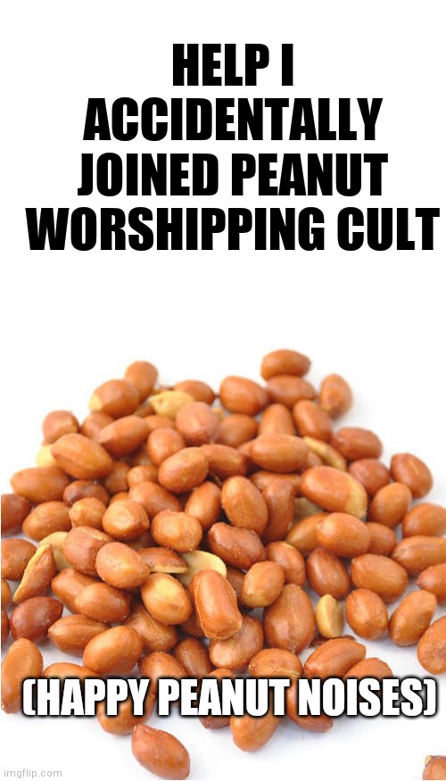 HELP I ACCIDENTALLY JOINED PEANUT WORSHIPPING CULT (HAPPY PEANUT NOISES) | image tagged in blank white template | made w/ Imgflip meme maker
