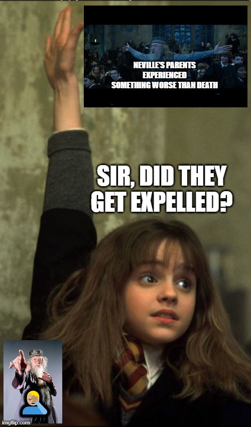 Hermione Granger | NEVILLE'S PARENTS EXPERIENCED SOMETHING WORSE THAN DEATH; SIR, DID THEY GET EXPELLED? 🤦🏼‍♂️ | image tagged in hermione granger | made w/ Imgflip meme maker