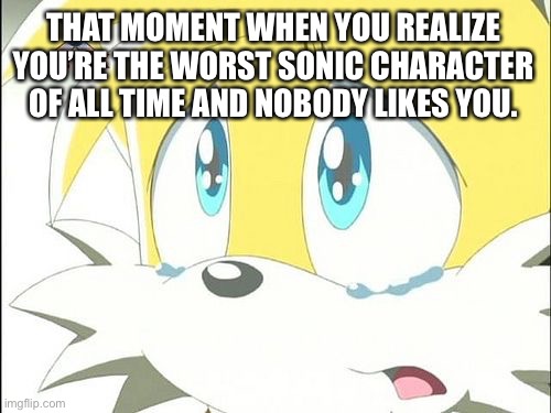 Tails is the worst fox ever | THAT MOMENT WHEN YOU REALIZE YOU’RE THE WORST SONIC CHARACTER OF ALL TIME AND NOBODY LIKES YOU. | image tagged in tails,tails the fox,tails the dumb fox,useless tails,worst fox,sonic the hedgehog | made w/ Imgflip meme maker