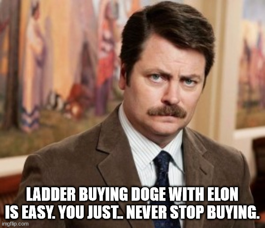 Swan-Doge Millionaire | LADDER BUYING DOGE WITH ELON IS EASY. YOU JUST.. NEVER STOP BUYING. | image tagged in memes,ron swanson,doge,elon musk,crypto | made w/ Imgflip meme maker