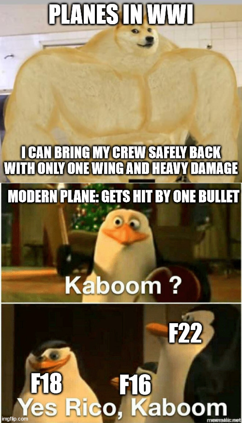 sadly true... | PLANES IN WWI; I CAN BRING MY CREW SAFELY BACK WITH ONLY ONE WING AND HEAVY DAMAGE; MODERN PLANE: GETS HIT BY ONE BULLET; F22; F18; F16 | image tagged in buff doge,kaboom yes rico kaboom | made w/ Imgflip meme maker