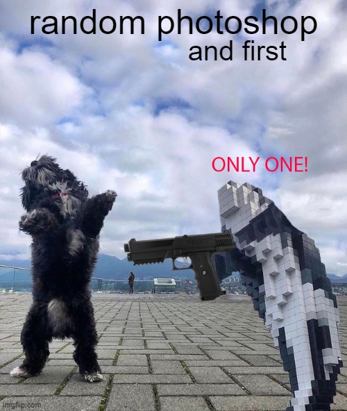 Random Photoshop: Part One |  and first; random photoshop | image tagged in random,whale,dog,gun,there can be only one,photoshop | made w/ Imgflip meme maker