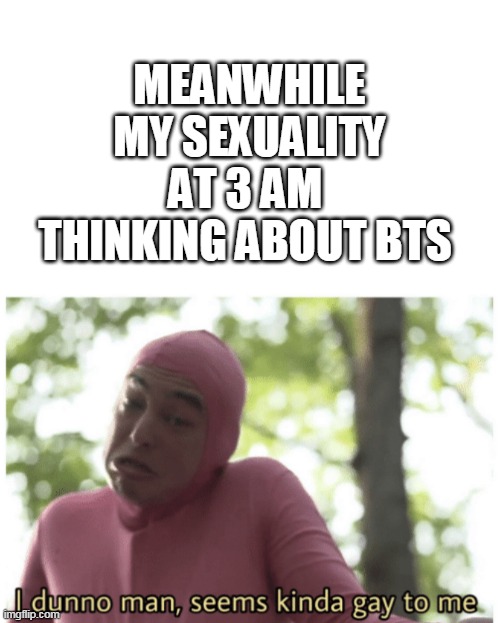 my sexuality makes me regret lol | MEANWHILE MY SEXUALITY AT 3 AM 
THINKING ABOUT BTS | image tagged in blank white template,idk man seems kinda gay | made w/ Imgflip meme maker