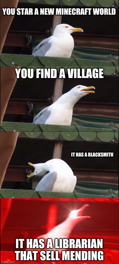 Inhaling Seagull | YOU STAR A NEW MINECRAFT WORLD; YOU FIND A VILLAGE; IT HAS A BLACKSMITH; IT HAS A LIBRARIAN THAT SELL MENDING | image tagged in memes,inhaling seagull | made w/ Imgflip meme maker