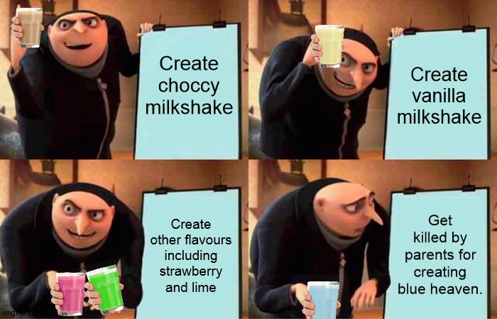 It started with the choccy milk.... | Create choccy milkshake; Create vanilla milkshake; Get killed by parents for creating blue heaven. Create other flavours including strawberry and lime | image tagged in memes,gru's plan,choccy milk,blue heaven,die | made w/ Imgflip meme maker