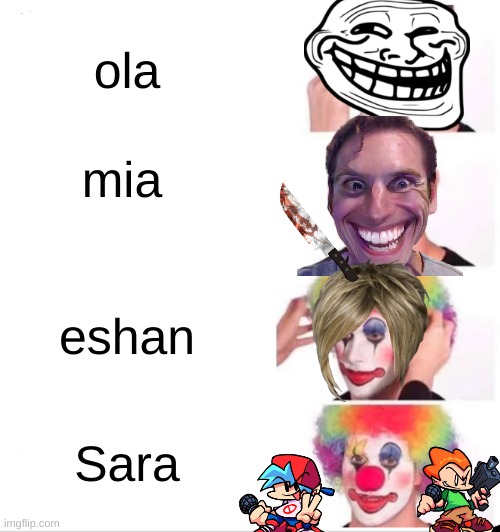 Clown Applying Makeup Meme |  ola; mia; eshan; Sara | image tagged in memes,clown applying makeup | made w/ Imgflip meme maker