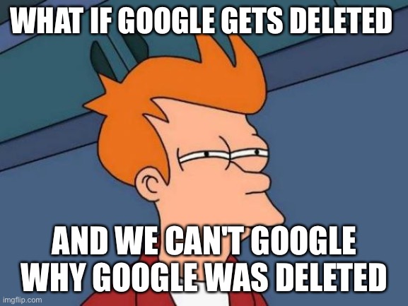 Google | WHAT IF GOOGLE GETS DELETED; AND WE CAN'T GOOGLE WHY GOOGLE WAS DELETED | image tagged in memes,futurama fry | made w/ Imgflip meme maker