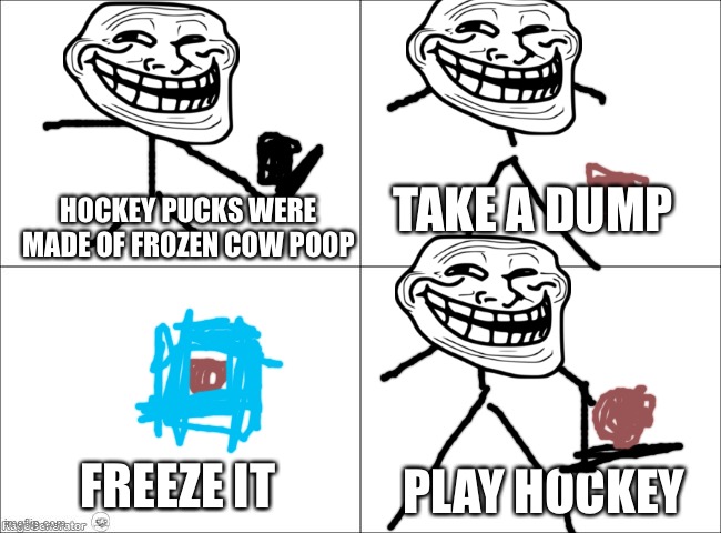 4 panel comic | TAKE A DUMP; HOCKEY PUCKS WERE MADE OF FROZEN COW POOP; FREEZE IT; PLAY HOCKEY | image tagged in 4 panel comic | made w/ Imgflip meme maker