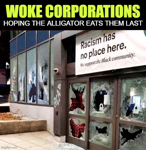 Get woke, become a joke. Marxism never works. | WOKE CORPORATIONS; HOPING THE ALLIGATOR EATS THEM LAST | image tagged in blm,antifa,marxism,communism | made w/ Imgflip meme maker