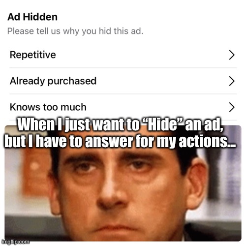 Hiding Ad | When I just want to “Hide” an ad, but I have to answer for my actions... | image tagged in the office,facebook,ads,frustrated | made w/ Imgflip meme maker