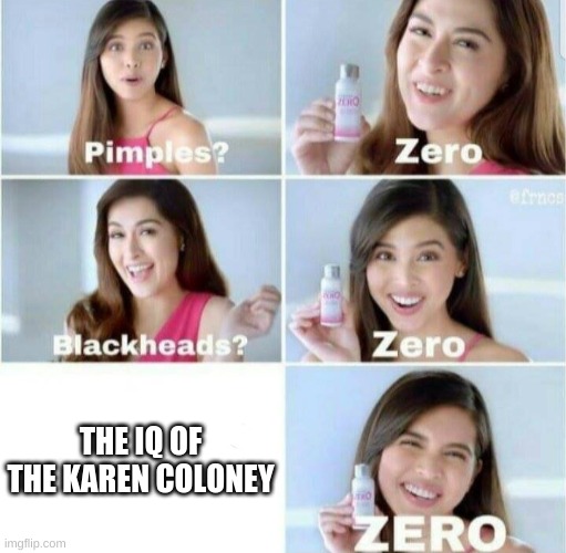 the karens coloneys iq is.... | THE IQ OF THE KAREN COLONEY | image tagged in pimples zero,karens | made w/ Imgflip meme maker