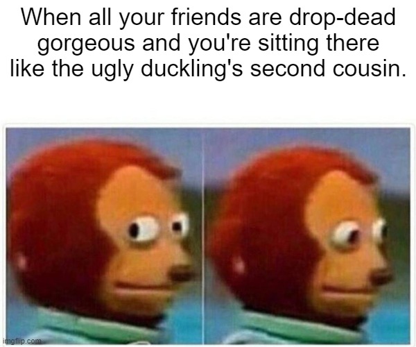 Ugly me | When all your friends are drop-dead gorgeous and you're sitting there like the ugly duckling's second cousin. | image tagged in memes,monkey puppet | made w/ Imgflip meme maker