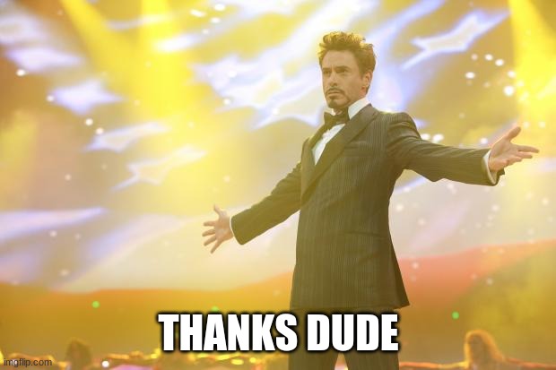 Tony Stark success | THANKS DUDE | image tagged in tony stark success | made w/ Imgflip meme maker