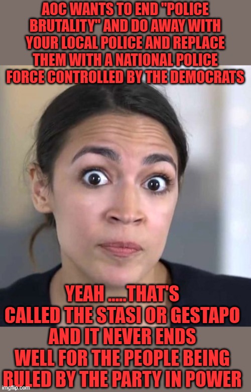 yep | AOC WANTS TO END "POLICE BRUTALITY" AND DO AWAY WITH YOUR LOCAL POLICE AND REPLACE THEM WITH A NATIONAL POLICE FORCE CONTROLLED BY THE DEMOCRATS; YEAH .....THAT'S CALLED THE STASI OR GESTAPO AND IT NEVER ENDS WELL FOR THE PEOPLE BEING RULED BY THE PARTY IN POWER | image tagged in democrats,fascism,dictatorship | made w/ Imgflip meme maker