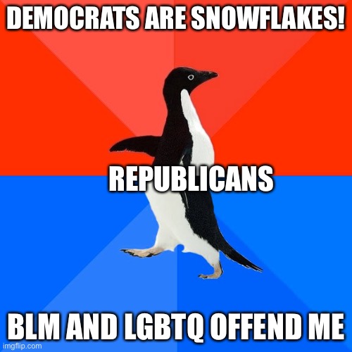 Yet another example of hypocrisy from the right |  DEMOCRATS ARE SNOWFLAKES! REPUBLICANS; BLM AND LGBTQ OFFEND ME | image tagged in memes,socially awesome awkward penguin | made w/ Imgflip meme maker
