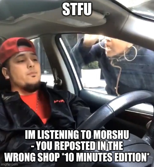 https://youtu.be/IhR2FRI4adc | STFU; IM LISTENING TO MORSHU - YOU REPOSTED IN THE WRONG SHOP *10 MINUTES EDITION* | image tagged in stfu im listening to,memes | made w/ Imgflip meme maker