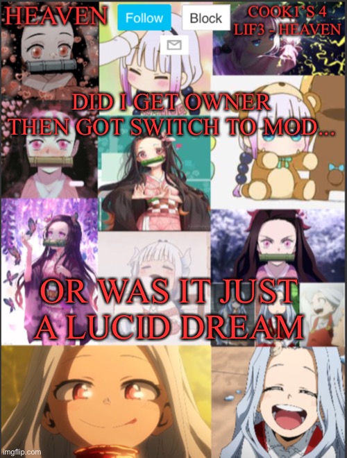 Sadness | DID I GET OWNER THEN GOT SWITCH TO MOD... OR WAS IT JUST A LUCID DREAM | image tagged in heavens temp adorable | made w/ Imgflip meme maker