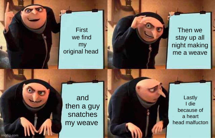 Gru's Plan Meme | First we find  my original head; Then we stay up all night making me a weave; and then a guy snatches my weave; Lastly I die because of a heart head malfucton | image tagged in memes,gru's plan | made w/ Imgflip meme maker