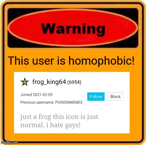 Homophobic User Alert | This user is homophobic! | image tagged in memes,warning sign | made w/ Imgflip meme maker