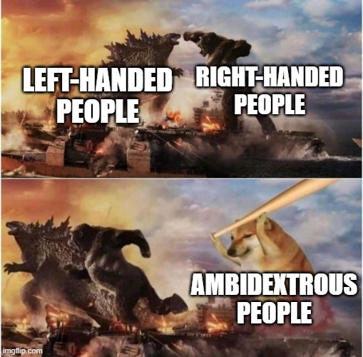 I fit into the ambidextrous bill very nicely. | RIGHT-HANDED PEOPLE; LEFT-HANDED PEOPLE; AMBIDEXTROUS PEOPLE | image tagged in kong godzilla doge | made w/ Imgflip meme maker