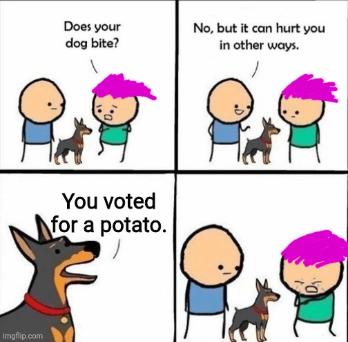 Poor dems... | You voted for a potato. | image tagged in does your dog bite,democrats | made w/ Imgflip meme maker