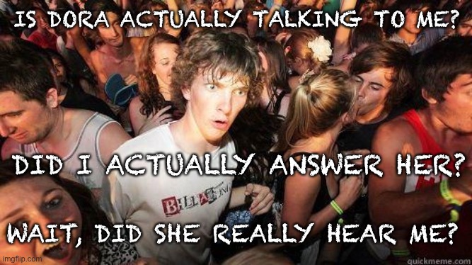 Sudden Realization | IS DORA ACTUALLY TALKING TO ME? DID I ACTUALLY ANSWER HER? WAIT, DID SHE REALLY HEAR ME? | image tagged in sudden realization | made w/ Imgflip meme maker