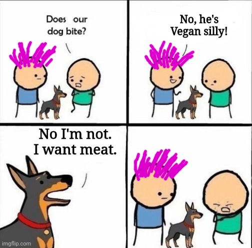 Your dog isn't vegan.  Its a meat eating poop monster. | No, he's Vegan silly! No I'm not. I want meat. | image tagged in does your dog bite,vegans,democrats | made w/ Imgflip meme maker