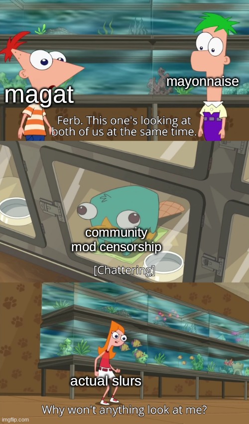 guys I'm gonna put some ********** on my sandwich | mayonnaise; magat; community mod censorship; actual slurs | image tagged in why won't anything look at me,funny,memes,phineas and ferb | made w/ Imgflip meme maker
