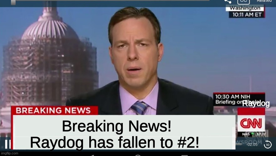 Raydog on Imgflip became #2! | Raydog; Breaking News! Raydog has fallen to #2! | image tagged in cnn breaking news template | made w/ Imgflip meme maker