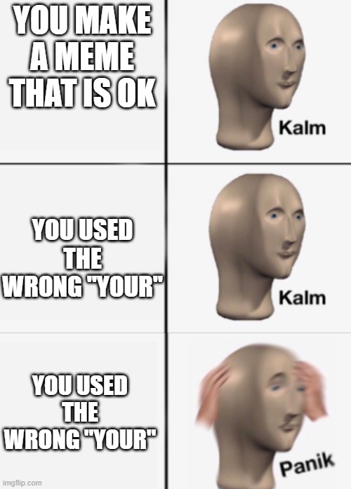 Heh heh heh. Commented this before deciding to post, because people do this all the time | YOU MAKE A MEME THAT IS OK YOU USED THE WRONG "YOUR" YOU USED THE WRONG "YOUR" | image tagged in kalm kalm panik,your,you're | made w/ Imgflip meme maker