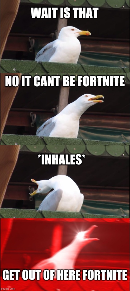 Inhaling Seagull | WAIT IS THAT; NO IT CANT BE FORTNITE; *INHALES*; GET OUT OF HERE FORTNITE | image tagged in memes,inhaling seagull | made w/ Imgflip meme maker