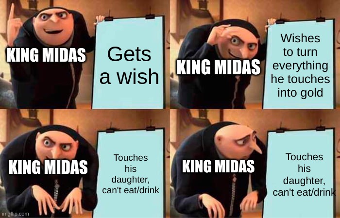Story of King Midas, in a nutshell | Gets a wish; Wishes to turn everything he touches into gold; KING MIDAS; KING MIDAS; Touches his daughter, can't eat/drink; Touches his daughter, can't eat/drink; KING MIDAS; KING MIDAS | image tagged in memes,gru's plan,king midas | made w/ Imgflip meme maker