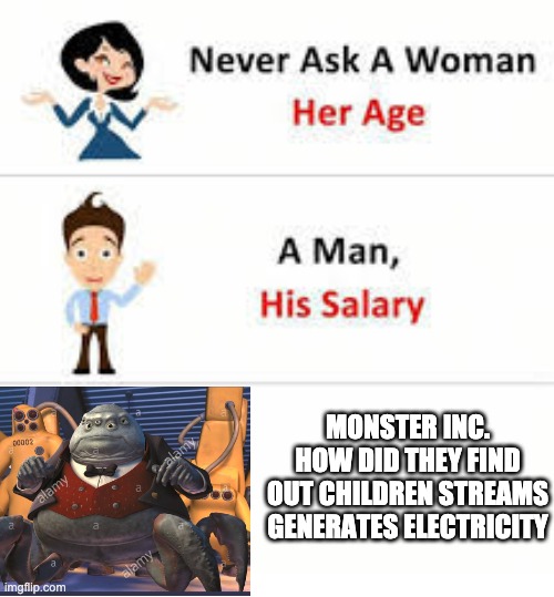 Never ask a woman her age | MONSTER INC.
HOW DID THEY FIND OUT CHILDREN STREAMS GENERATES ELECTRICITY | image tagged in never ask a woman her age,monsters inc | made w/ Imgflip meme maker