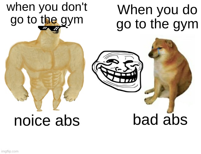 not going to the gym VS is going to the gym | when you don't go to the gym; When you do go to the gym; bad abs; noice abs | image tagged in memes,buff doge vs cheems,gym,abs,noice | made w/ Imgflip meme maker